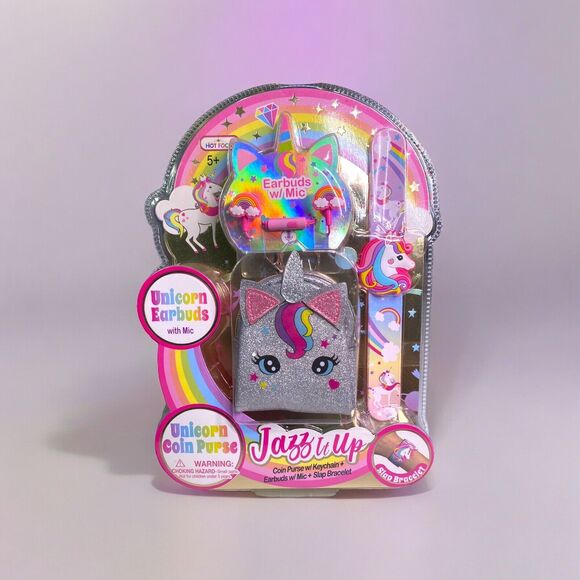 Unicorn Earbuds w/Coin Purse, Keychain, Mic, & Slap Bracelet Set New NIP Sparkle - Picture 1 of 9